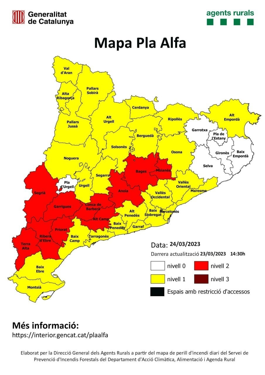Mapa de la activación del nivel 2 del Plan Alfa en Cataluña para este viernes / AGENTS RURALS