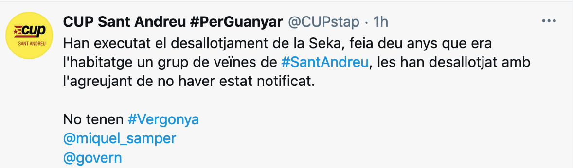 La CUP carga contra el desalojo de 'La Seka' en Sant Andreu / TWITTER