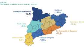 Mapa en el que se muestra el descenso del VAB en 2020 por ámbitos comarcales / BBVA
