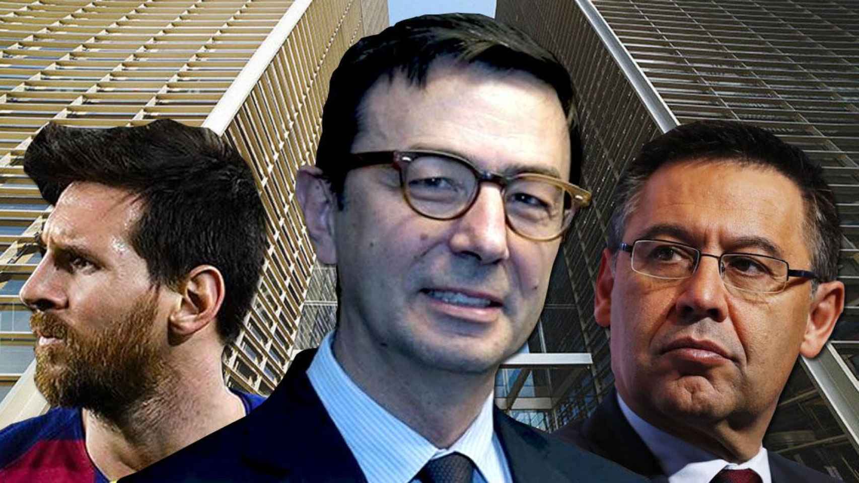 El socio director de Cuatercasas, Jorge Badia (c), junto al presidente del Barça, Josep Maria Bartomeu (d), y Leo Messi (i) / CG