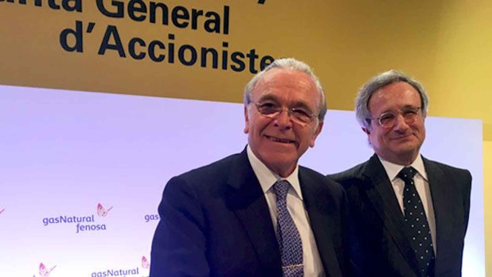 Isidro Fainé (i), presidente de Gas Natural Fenosa, y Rafael Villaseca (d), consejero delegado de la cotizada en la pasada junta de accionistas / CG