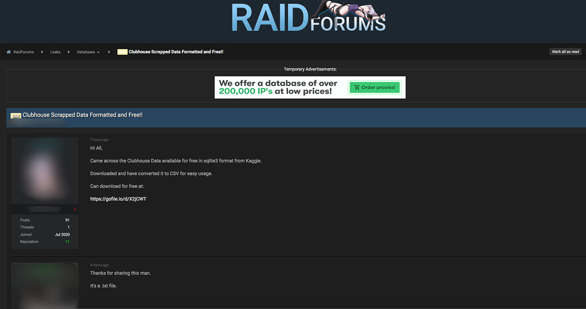 Un usuario ofrece los datos robados de Clubhouse en el foro Raid / CG