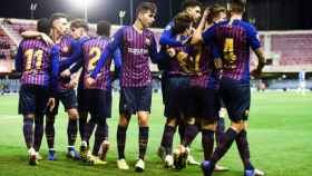 El Barça B celebrando un gol contra el Lleida en Segunda B / FC BARCELONA