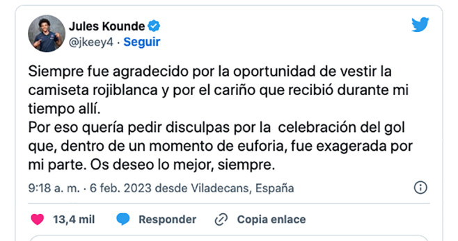 El tuit de Jules Koundé dirigido a la afición del Sevilla / CAPTURA