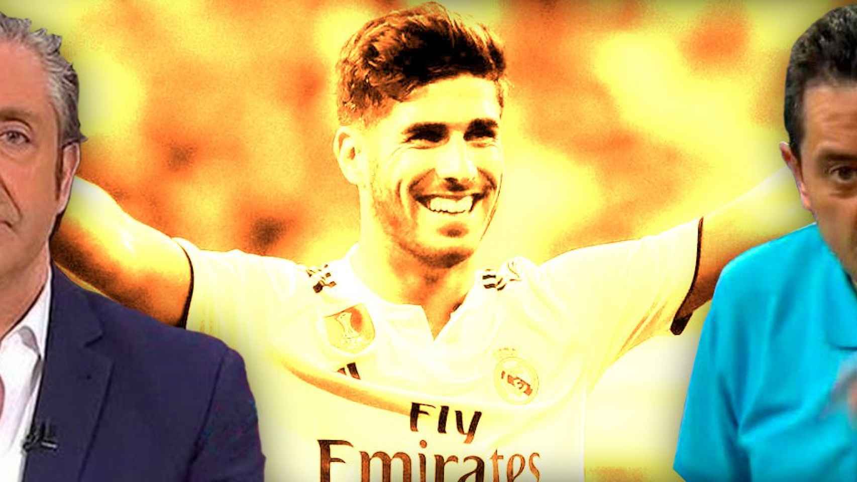 El presentador de 'El Chiringuito', Josep Pedrerol (i); el futbolista del Real Madrid Marco Asensio y el tertuliano Tomás Roncero / FOTOMONTAJE DE CULEMANÍA