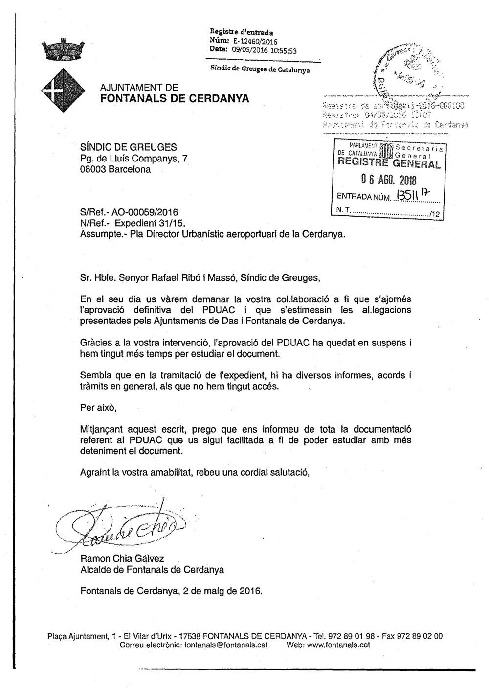 Carta del alcalde de Fontanals agradeciendo al Síndic de Greuges su intervención / CG