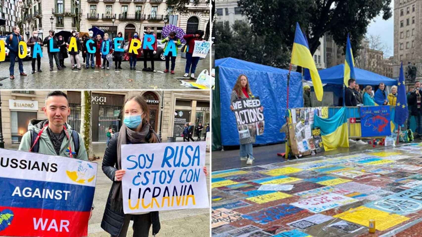 A la izquierda, imágenes de la manifestación de rusos contra la guerra en Barcelona; a la derecha, la de la comunidad ucraniana / CG