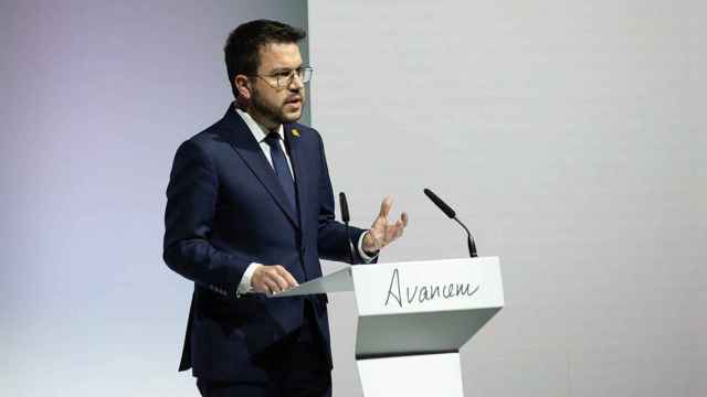 El presidente de la Generalitat, Pere Aragonès, en su conferencia en el Museu Nacional d’Art de Catalunya (MNAC) / EUROPA PRESS