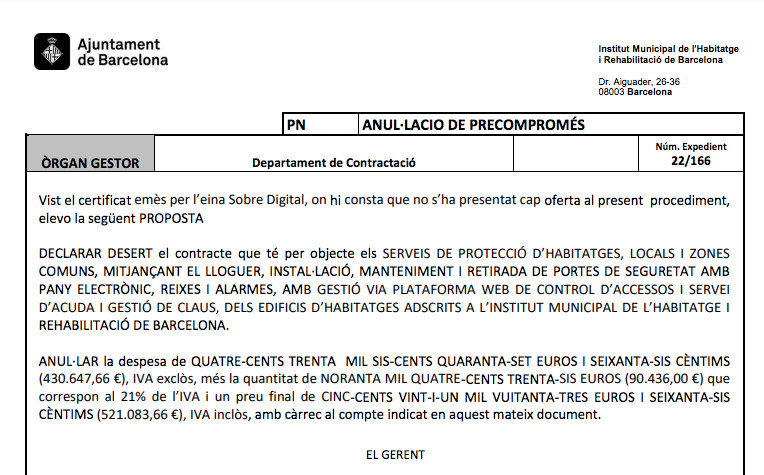 Anulación de la licitación para la protección de edificios gestionados por el Institut Municipal d'Habitatge / AJUNTAMENT BARCELONA