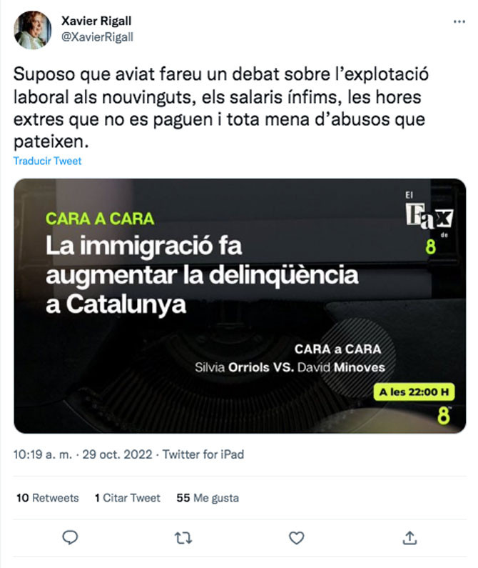 El tuit de Rigall contra el debate de título sesgado con la ultra Sílvia Orriols / CG