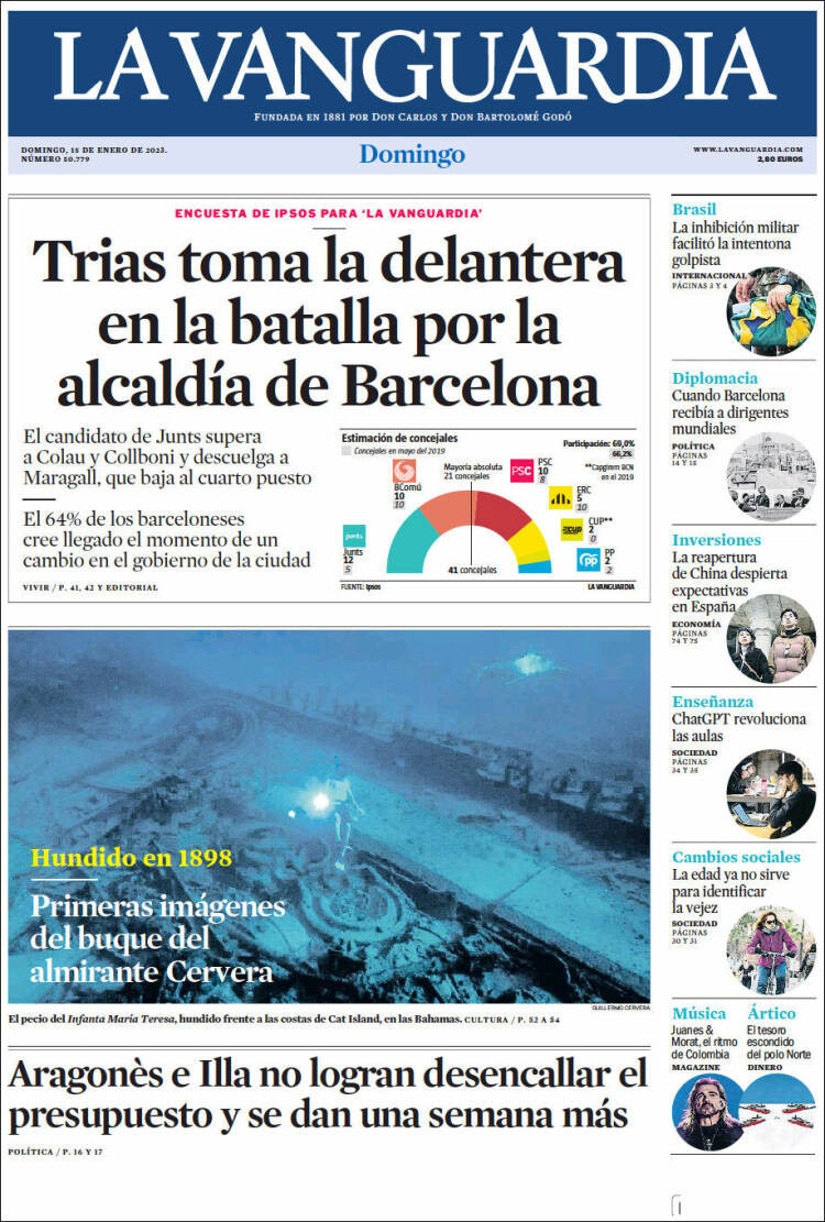 La portada de 'La Vanguardia' del 15 de enero de 2023 