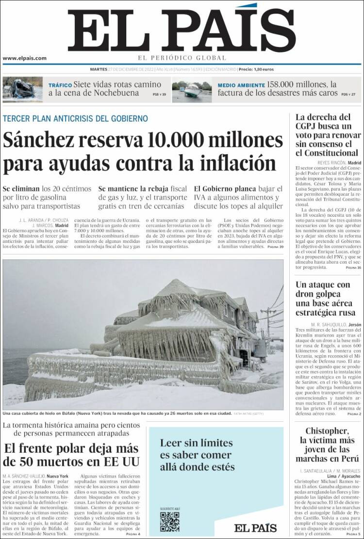 La portada de 'El País' del 27 de diciembre / EL PAÍS