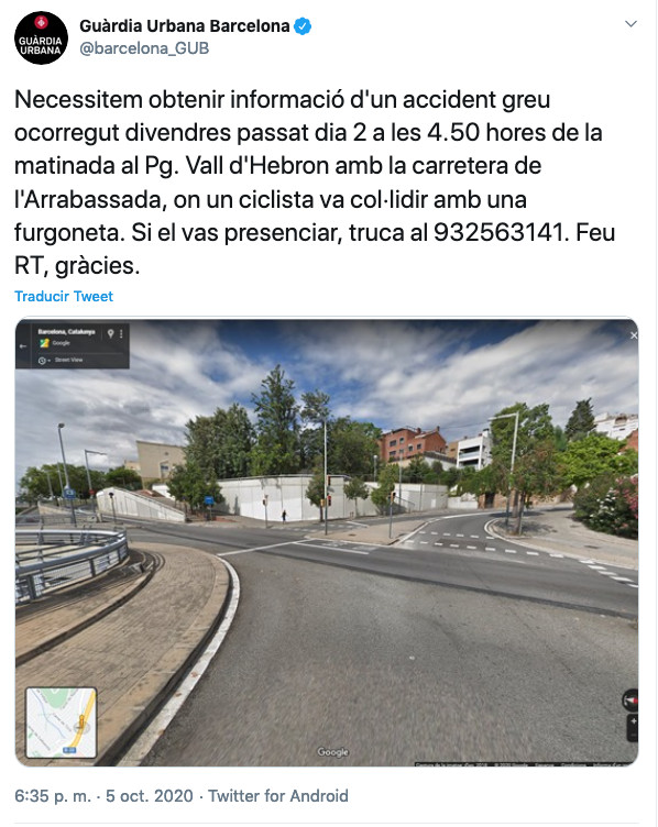 La Guardia Urbana pide colaboración ciudadana tras un accidente mortal en Horta / GUARDIA URBANA