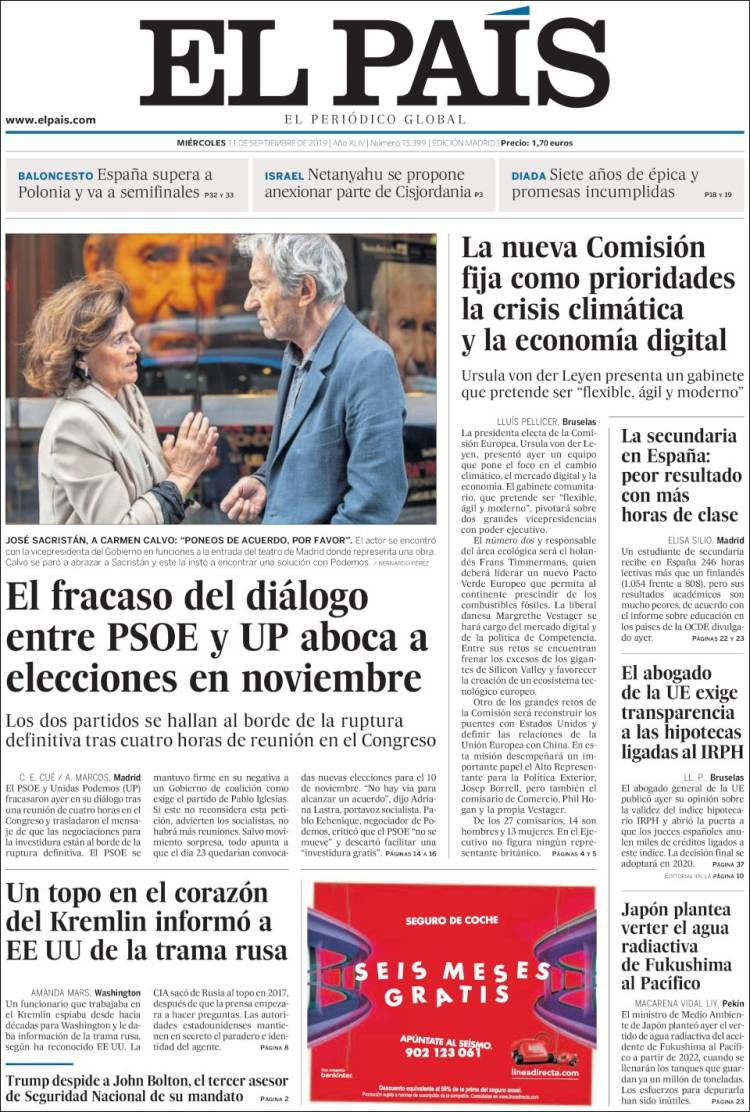 Portada de 'El País' del 11 de septiembre de 2019