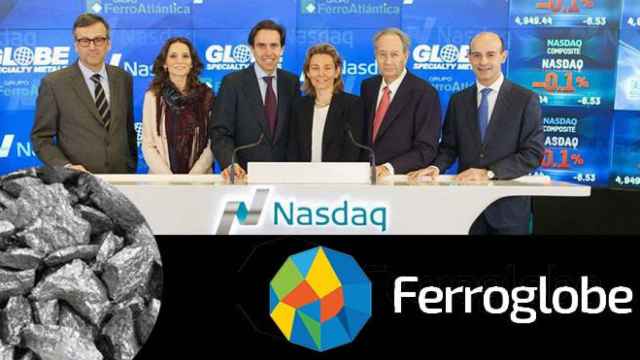 El equipo directivo de Ferroglobe --con Juan Miguel Villar Mir, Javier López Madrid y Pedro Larrea-- en el Nasdaq / CG