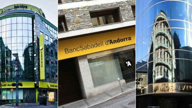 De izquierda a derecha, la sede de Crèdit Andorrà, una oficina de Banc Sabadell d'Andorra y el edificio principal de Mora Banc / CG