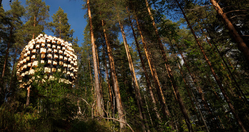 Una habitación de hotel rodeada de nidos de pájaro en Suecia - TREEHOTEL
