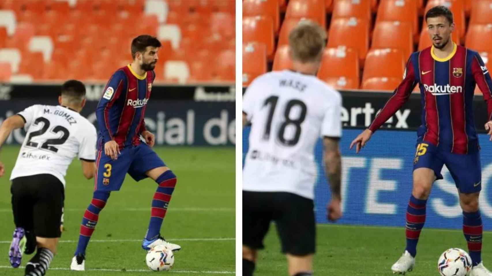 Gerard Piqué y Clément Lenglet en Mestalla en el Barça-Valencia en un fotomontaje / FCB