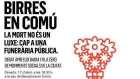 Cartel de las cervezas en común que tomará el concejal Eloi Badia para hablar de la muerte, siete meses después del cementerio de Montjuïc / CG