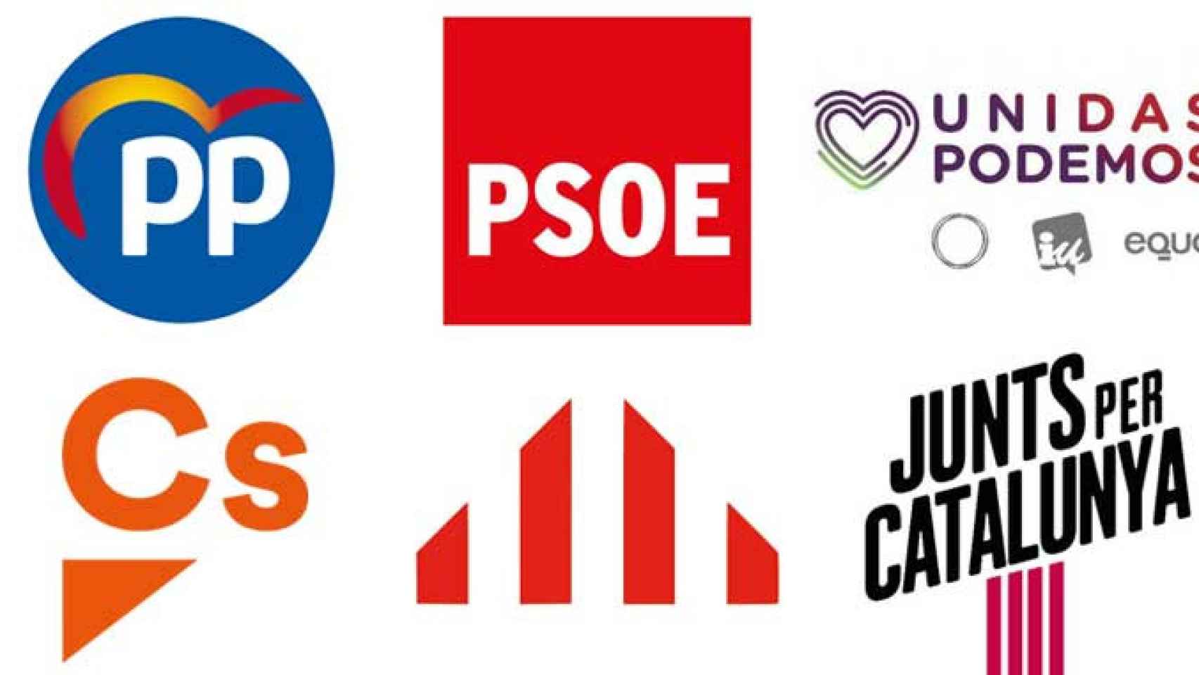 Logos de PP, PSOE, Unidas Podemos, Ciudadanos, ERC y Junts per Catalunya, principales partidos políticos de Cataluña