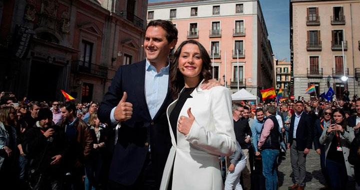 La líder de Ciudadanos en Cataluña, Inés Arrimadas, junto al presidente del partido, Albert Rivera, en el acto de este sábado en Madrid / EFE