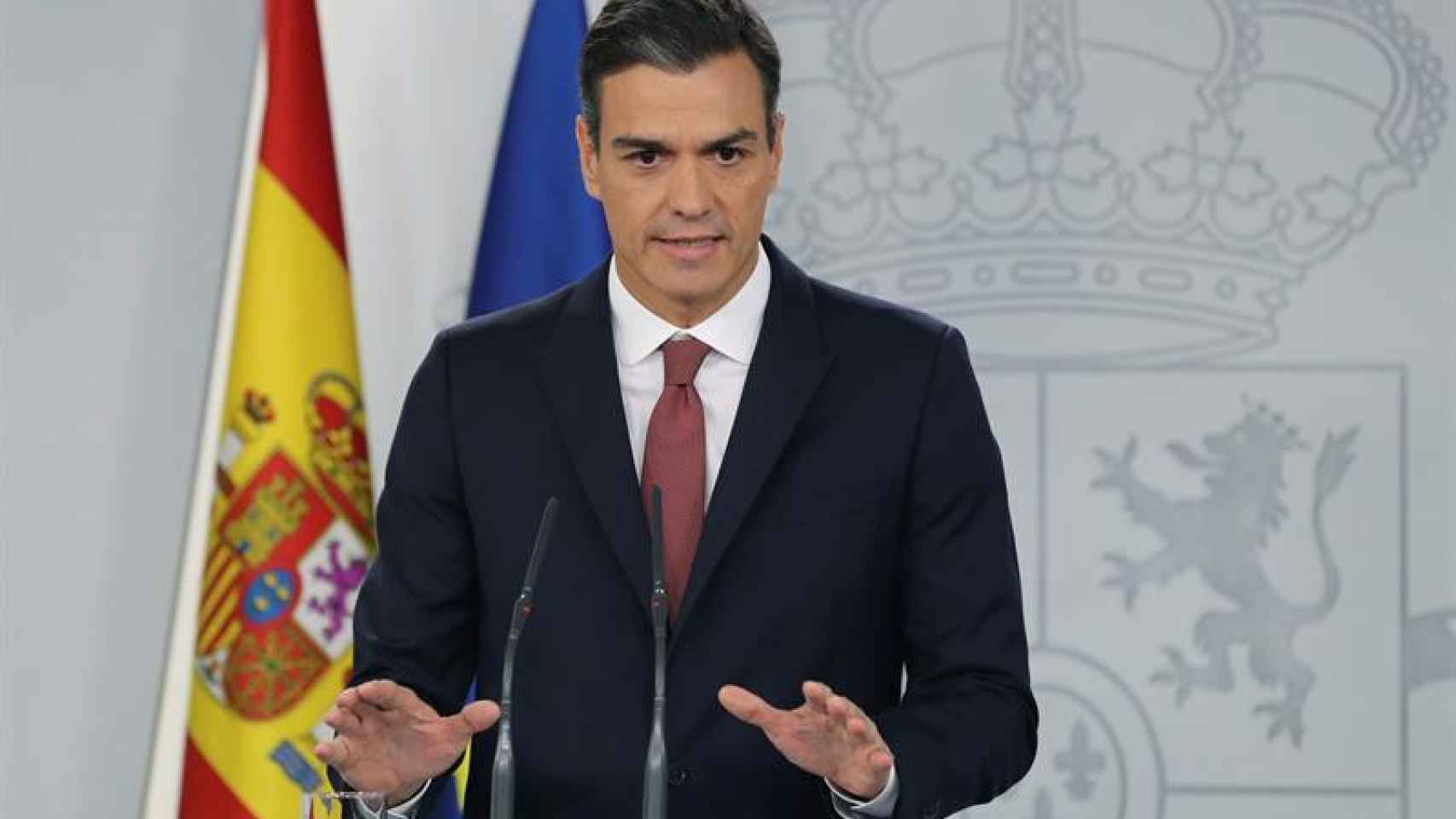 El presidente del Gobierno, Pedro Sánchez, durante la rueda de prensa que ha ofrecido en el Palacio de La Moncloa / EFE
