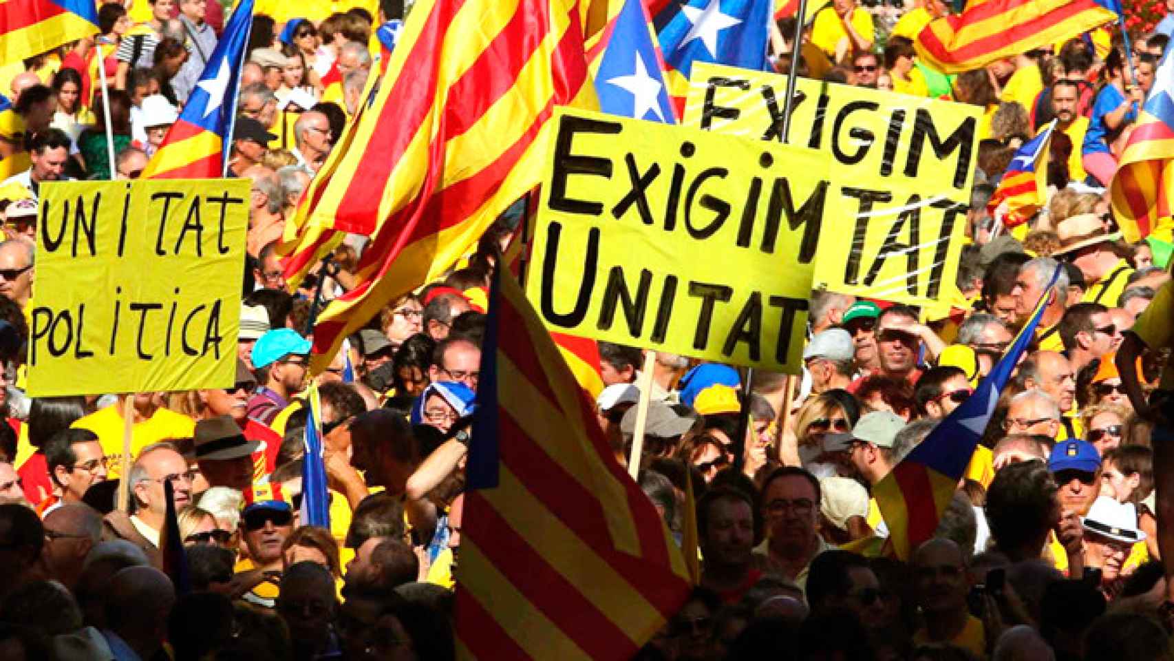 Carteles por la unidad política en una manifestación independentista / EFE