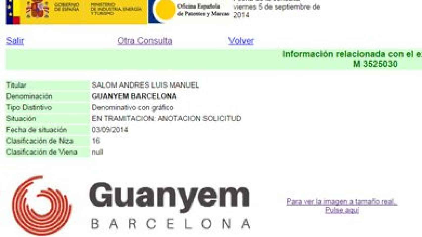 Pantallazo del registro de la marca a cargo del asesor del PP valenciano