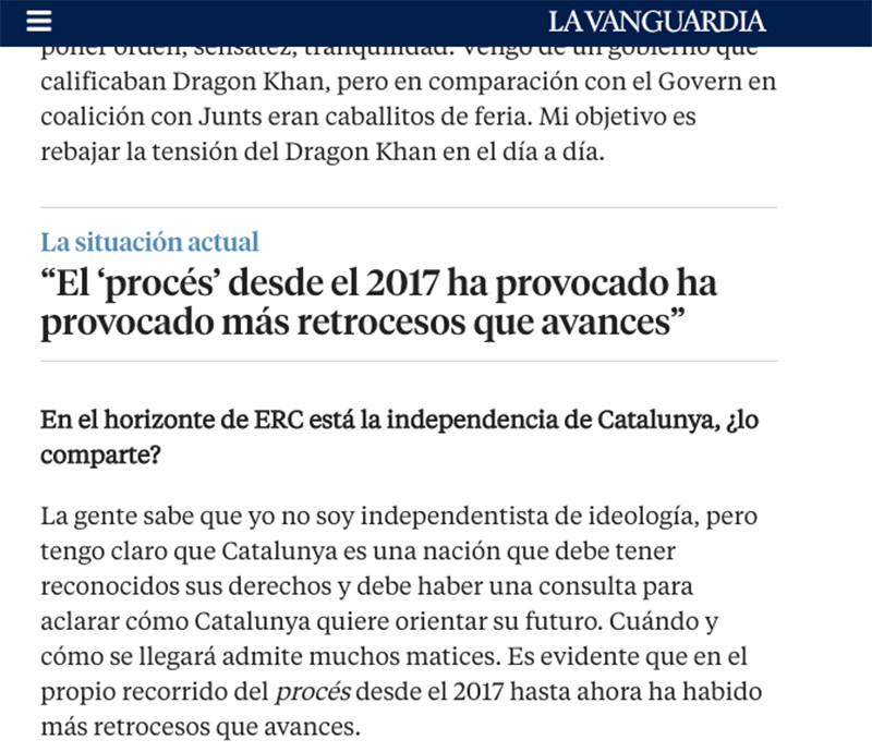 Fragmento de la entrevista al consejero de Investigación y Universidades Joaquim Nadal publicada por 'La Vanguardia'