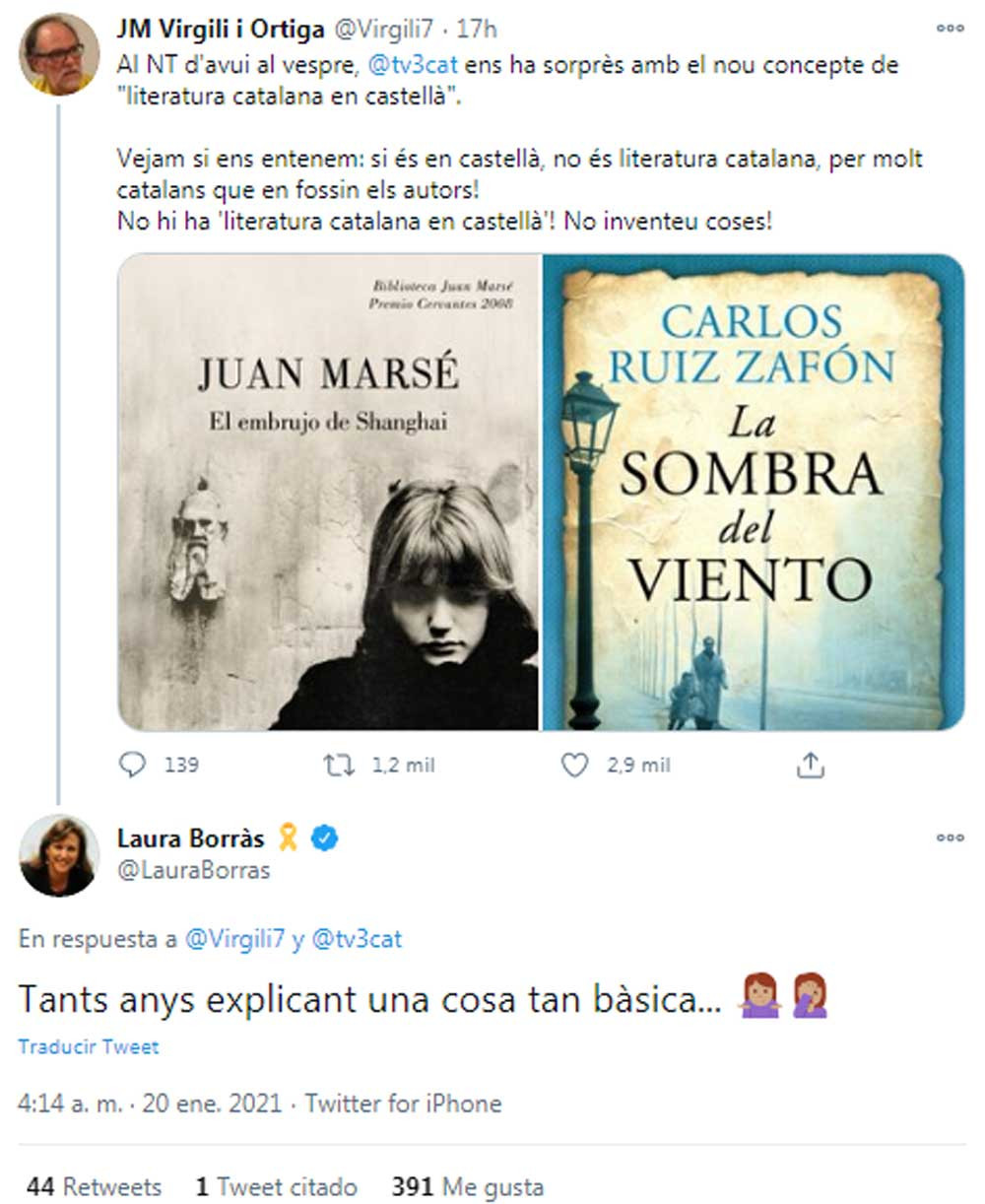 Laura Borràs, dando la razón a Josep Maria Virgili en Twitter