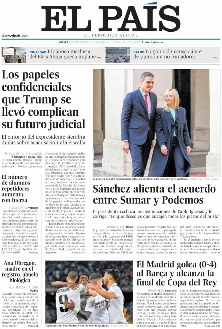 Portada de 'El País' de 6 de abril de 2023 / KIOSKO.NETelpais6abril