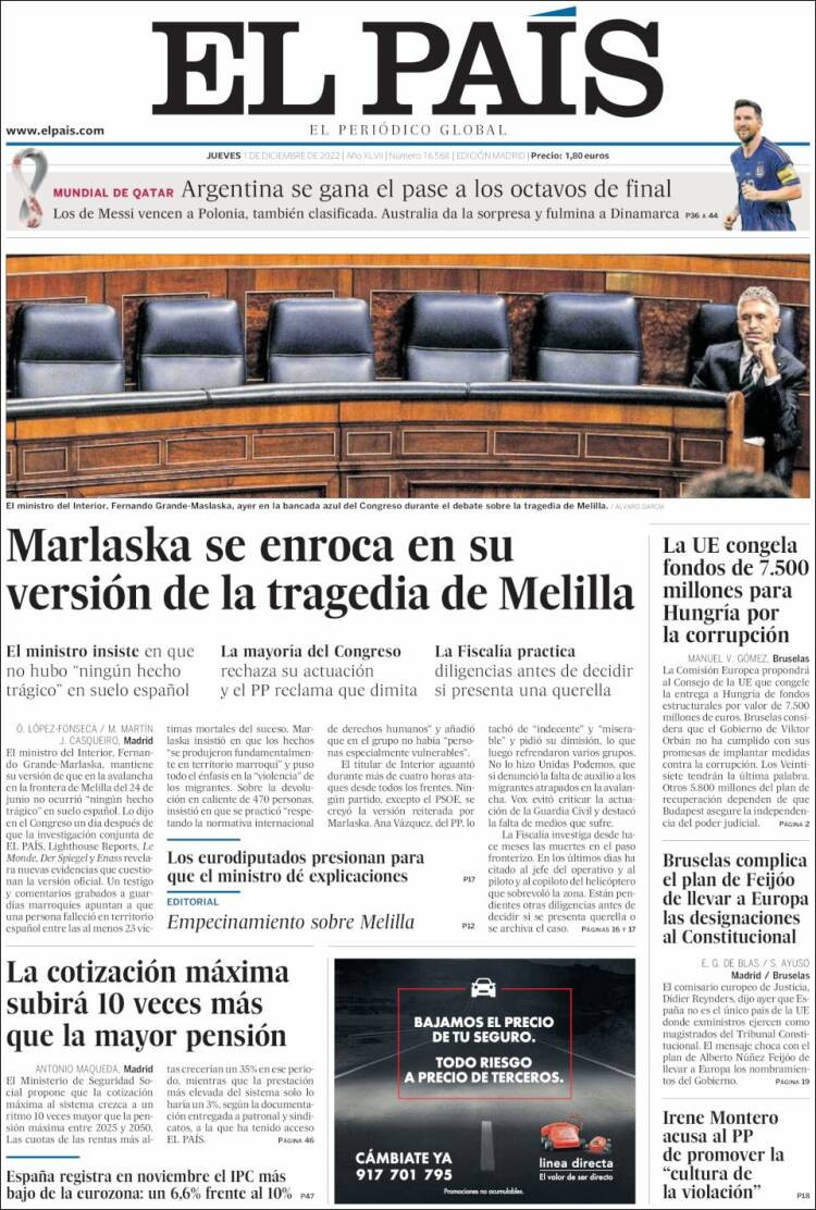 Portada de 'El País' del 1 de diciembre 2022 / Kiosko
