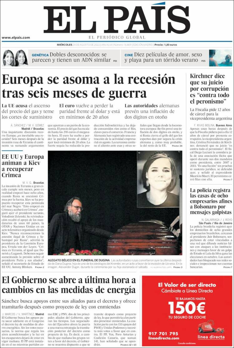 Portada de 'El País' del 24 de agosto de 2022 