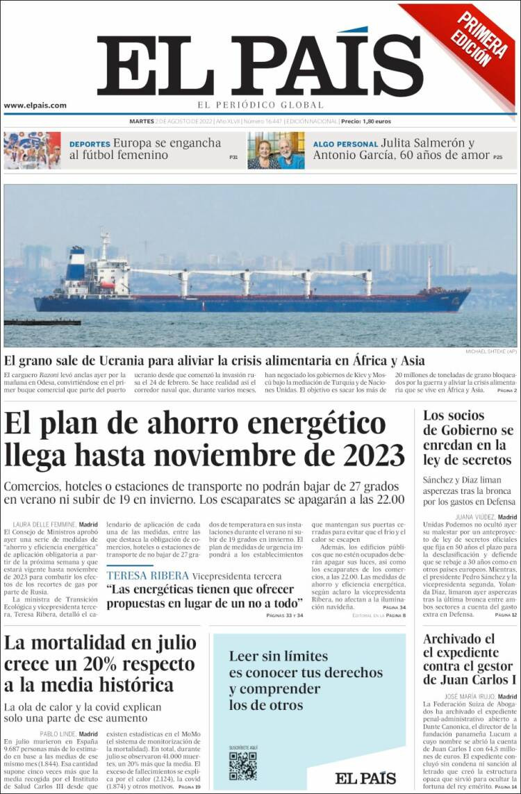 Portada de 'El País' de 2 de agosto de 2022 / KIOSKO.NET