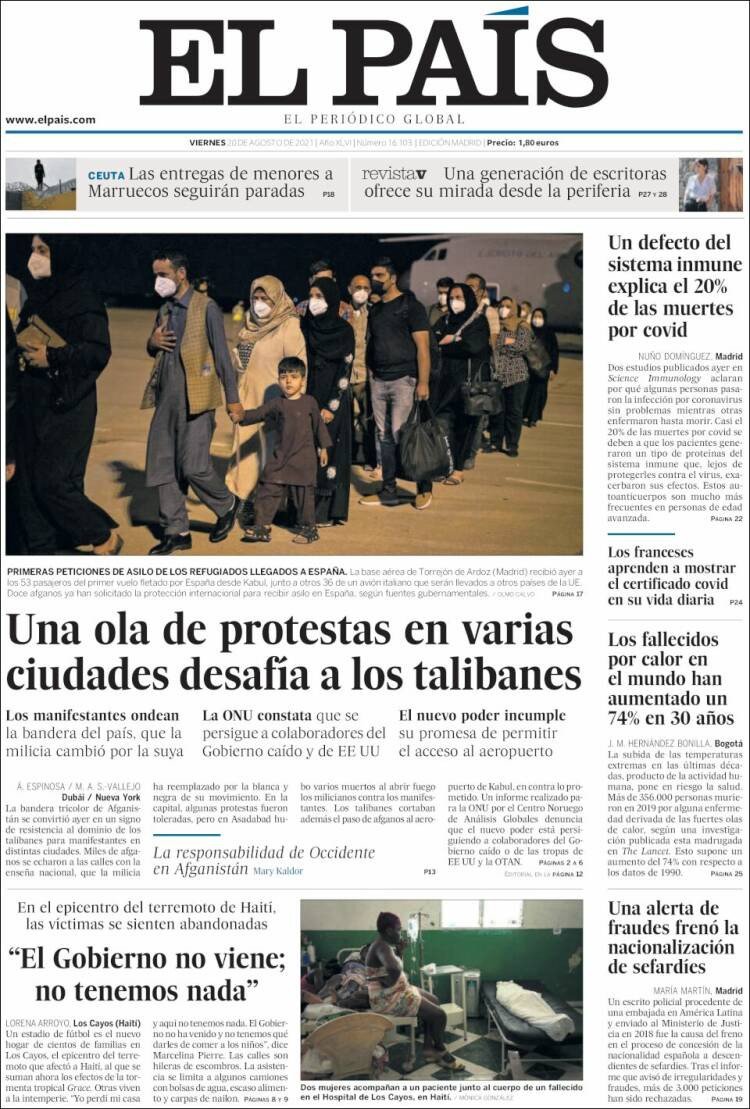 La portada de 'El País' del viernes 20 de agosto de 2021 / EL PAÍS