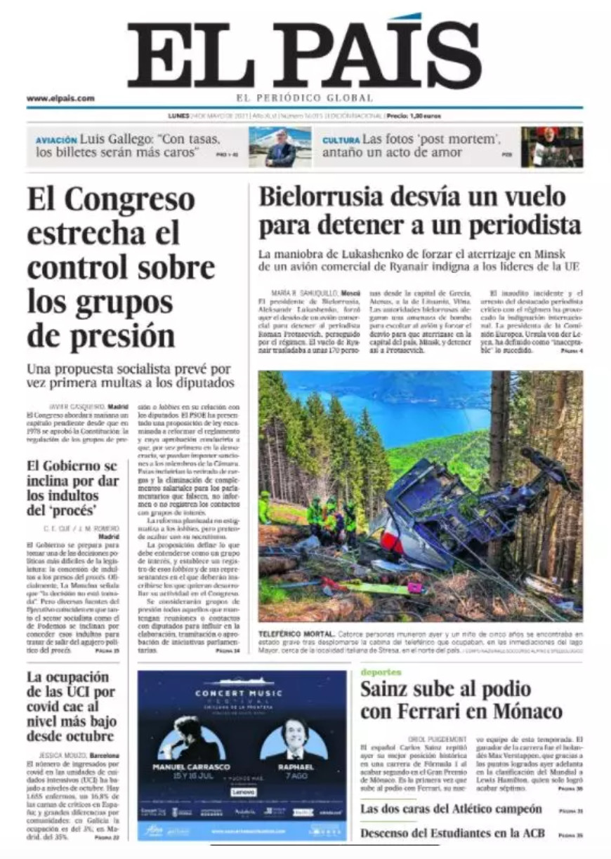 Portada de 'El País' del 24 de mayo de 2021 / EL PAÍS