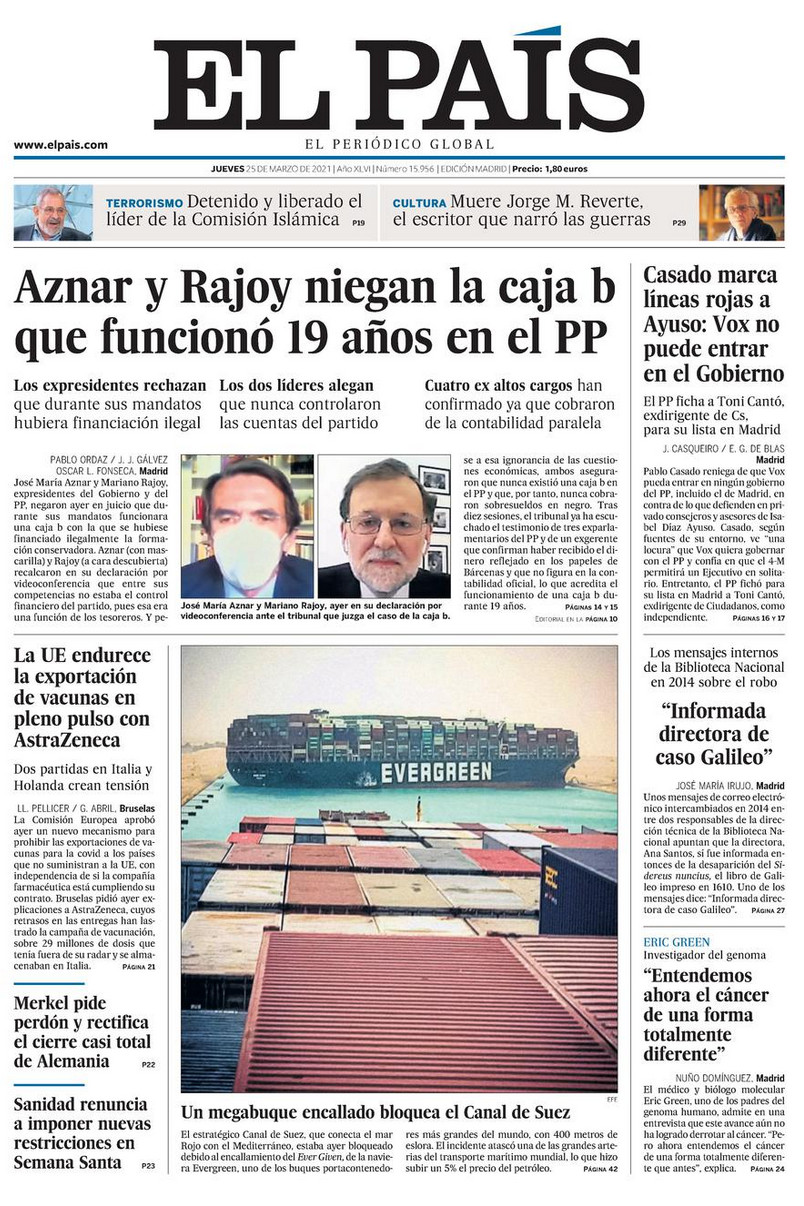 Portada de 'El País' del 25 de marzo de 2021 / EL PAÍS