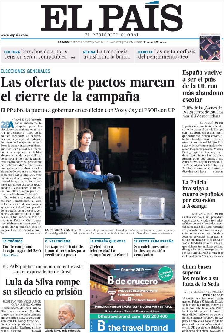 Portada de 'El País' del sábado 27 de abril