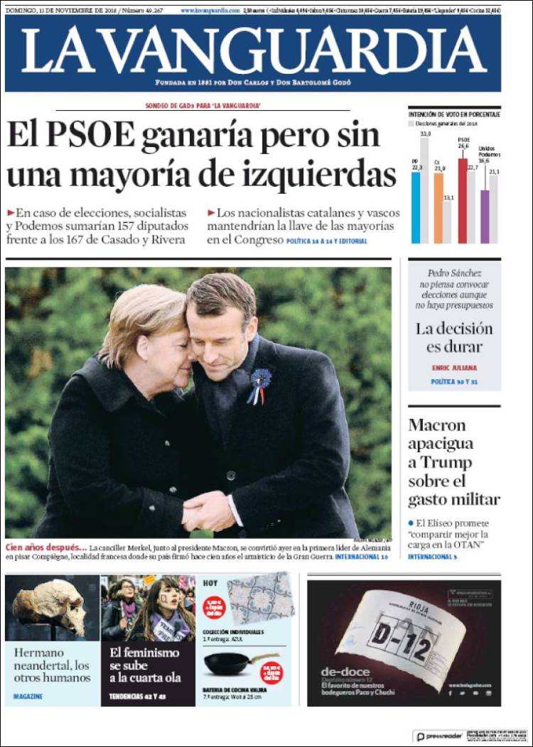 Portada de La Vanguardia de este domingo 11 de noviembre