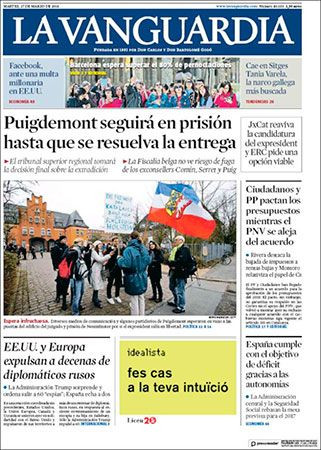 Portada de 'La Vanguardia' del 27 de marzo de 2018