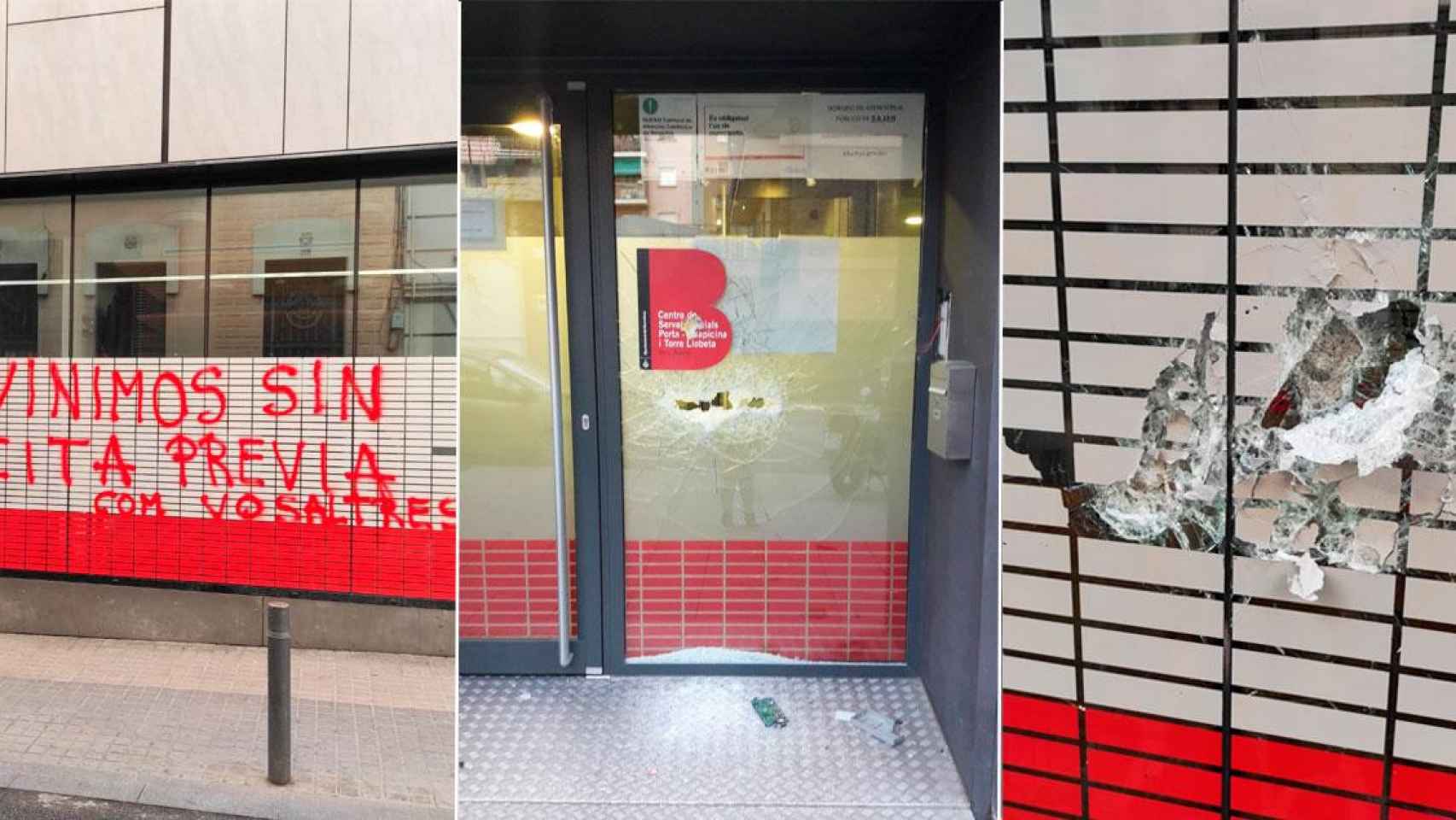 Tres imágenes de los ataques a las oficinas de servicios sociales del Ayuntamiento de Barcelona / CG