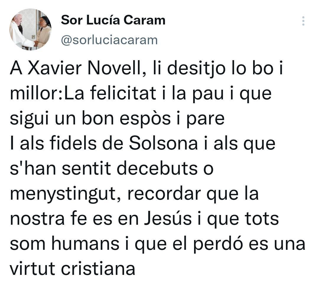 Mensaje de sor Lucía Caram / TWITTER