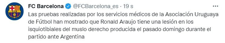 Publicación del Barça sobre la lesión de Araujo / FC Barcelona