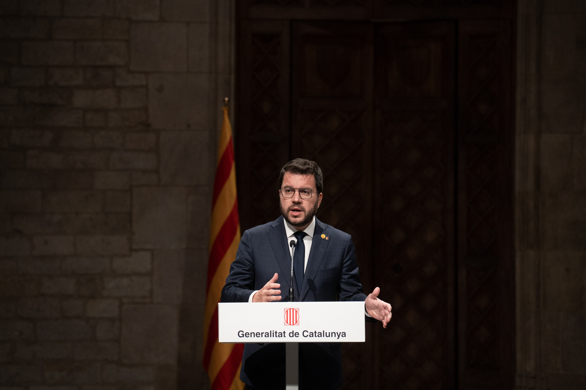 El presidente de la Generalitat, Pere Aragonès, compareciendo ante los medios en la Generalitat / David Zorrakino - EUROPA PRESS