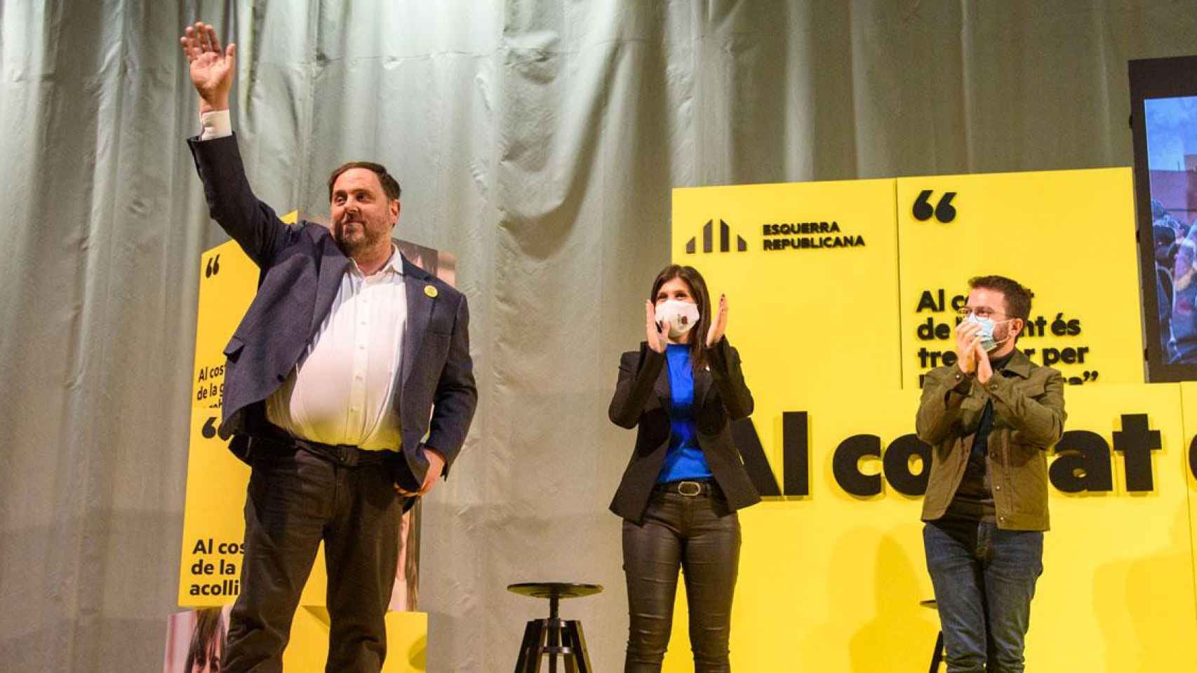 La portavoz de ERC Marta Vilalta (c), junto a Oriol Junqueras (i) y Pere Aragonès (c) en la campaña del 14F / EP