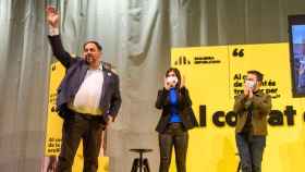 La portavoz de ERC Marta Vilalta (c), junto a Oriol Junqueras (i) y Pere Aragonès (c) en la campaña del 14F / EP