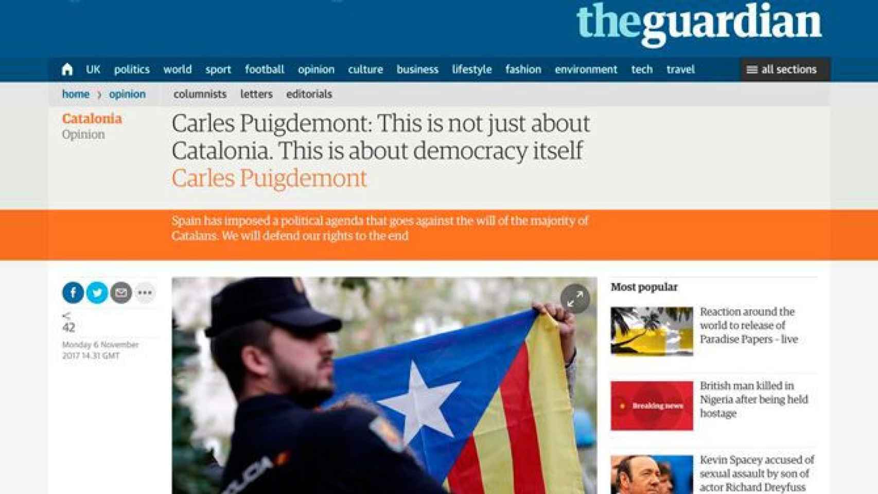 Captura de imagen del artículo de Carles Puigdemont en 'The Guardian' / CG