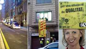 Aspecto exterior de la sede de UPyD en Barcelona tras el asalto de una treintena de miembros del SEPC. Una vez han entrado por la fuerza, los ocupantes han tapado los carteles de la formación 'magenta' con otros del sindicato independentista.