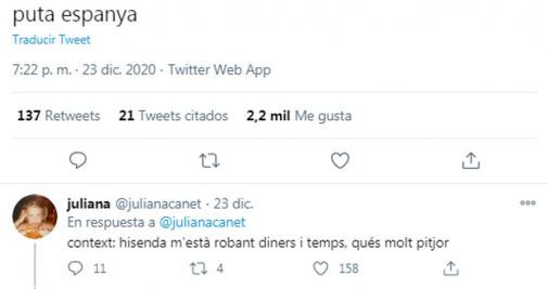 Juliana Canet, diciendo puta España en sus redes sociales