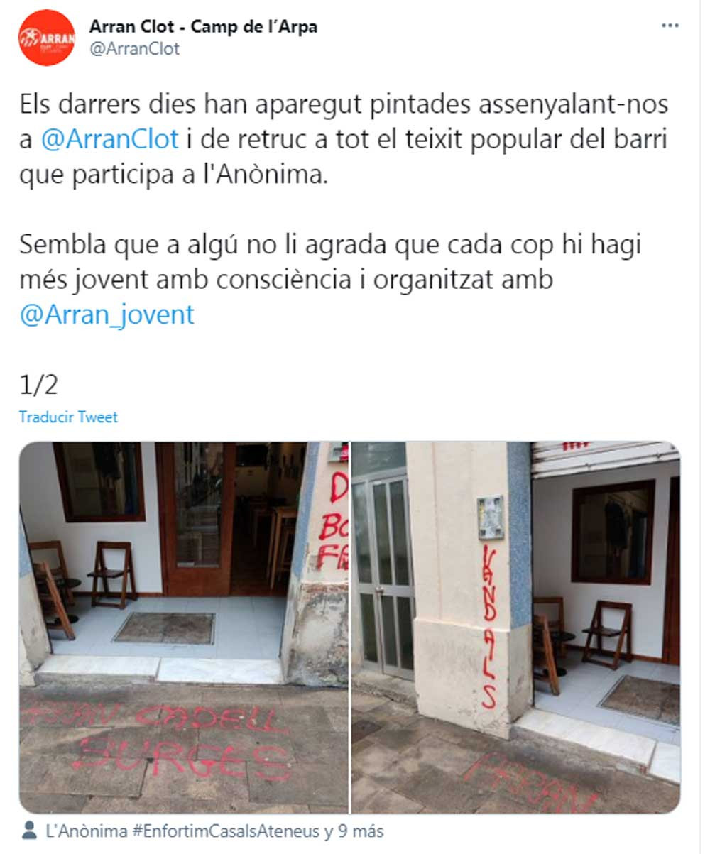 Arran, quejándose de las pintadas a las puertas de uno de sus locales / @ArranClot (TWITTER)